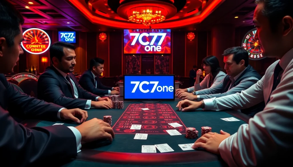 Players participate at a luxurious poker table with 7C77 one branding, showcasing excitement and strategy.