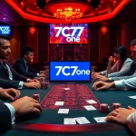 Players participate at a luxurious poker table with 7C77 one branding, showcasing excitement and strategy.