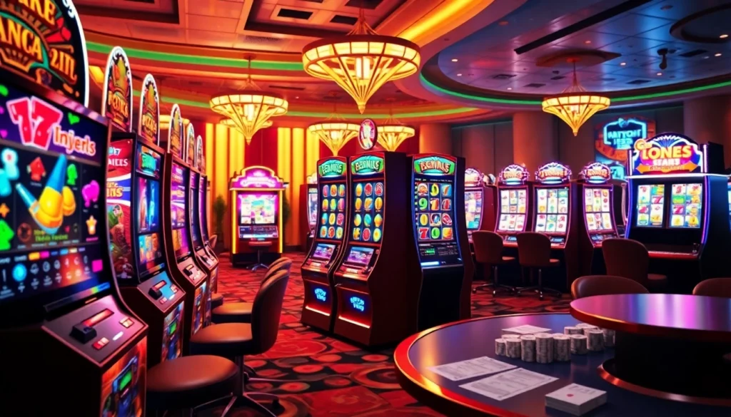 Experience thrilling online슬롯 gameplay in a vibrant casino setting with enticing slot machines and glamorous lighting.