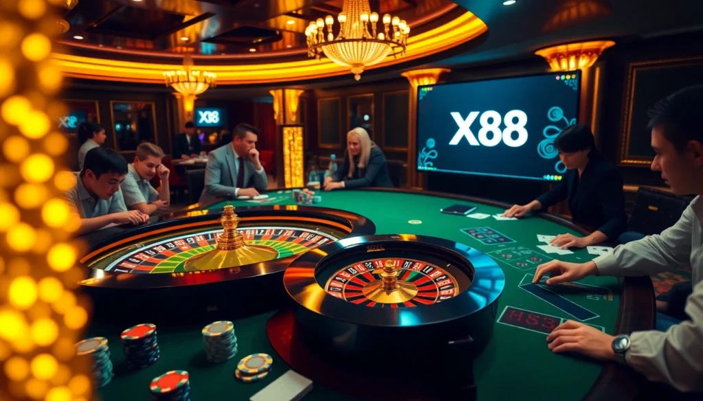 Experience high-stakes play at XX88, with vibrant casino chips, cards, and a roulette wheel.