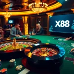 Experience high-stakes play at XX88, with vibrant casino chips, cards, and a roulette wheel.