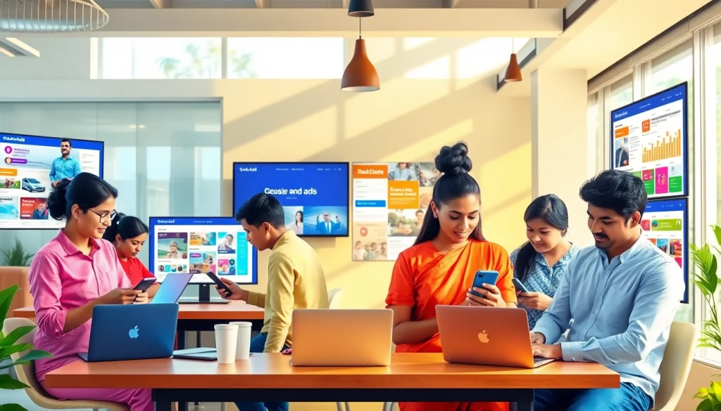 Showcase of Hela Add platform in a modern co-working space with diverse users engaging in buying and selling activities.