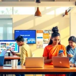 Showcase of Hela Add platform in a modern co-working space with diverse users engaging in buying and selling activities.