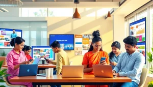 Showcase of Hela Add platform in a modern co-working space with diverse users engaging in buying and selling activities.