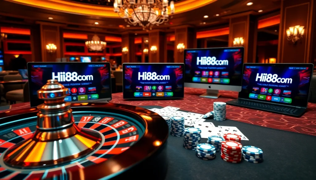 Engaging gamblers with Hi88com in a vibrant casino scene featuring roulette and poker.