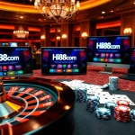 Engaging gamblers with Hi88com in a vibrant casino scene featuring roulette and poker.