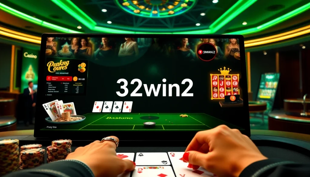 A thrilling online casino experience at 32win32 featuring luxury poker tables and shimmering chips.