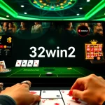 A thrilling online casino experience at 32win32 featuring luxury poker tables and shimmering chips.