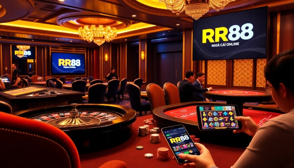 Engage with Nhà Cái RR88 as players strategize at an upscale roulette and poker table.