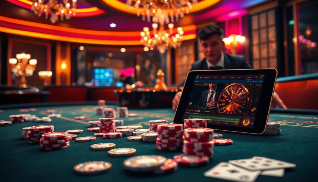 Experience the thrill of go8 chính thức with vibrant casino visuals of poker chips and high-stakes games.