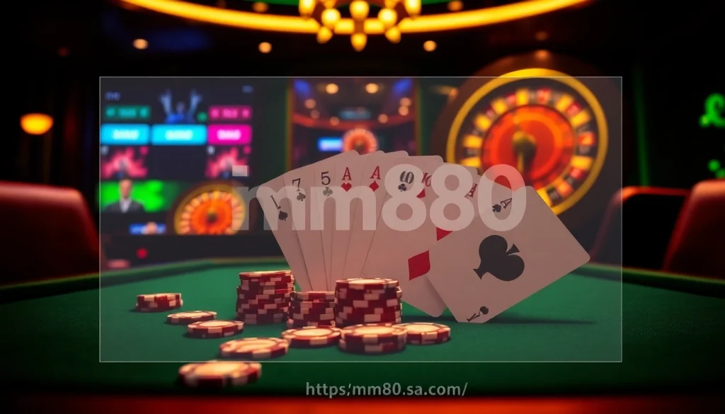 Experience the excitement of high-stakes poker at https://mm88.sa.com/ with unique chips and a roulette wheel background.