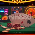 Experience the excitement of high-stakes poker at https://mm88.sa.com/ with unique chips and a roulette wheel background.