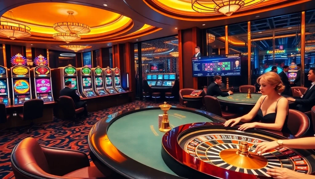 Engaging scene at Nhà Cái KKWIN with luxurious casino tables, active gamblers, and vibrant slot machines.