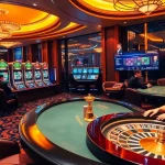 Engaging scene at Nhà Cái KKWIN with luxurious casino tables, active gamblers, and vibrant slot machines.