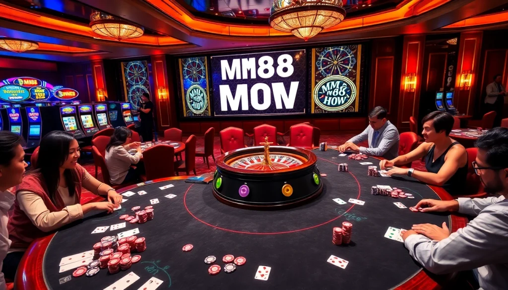 Engage with MM88 HOW in a luxurious casino scene featuring poker tables and exciting games.