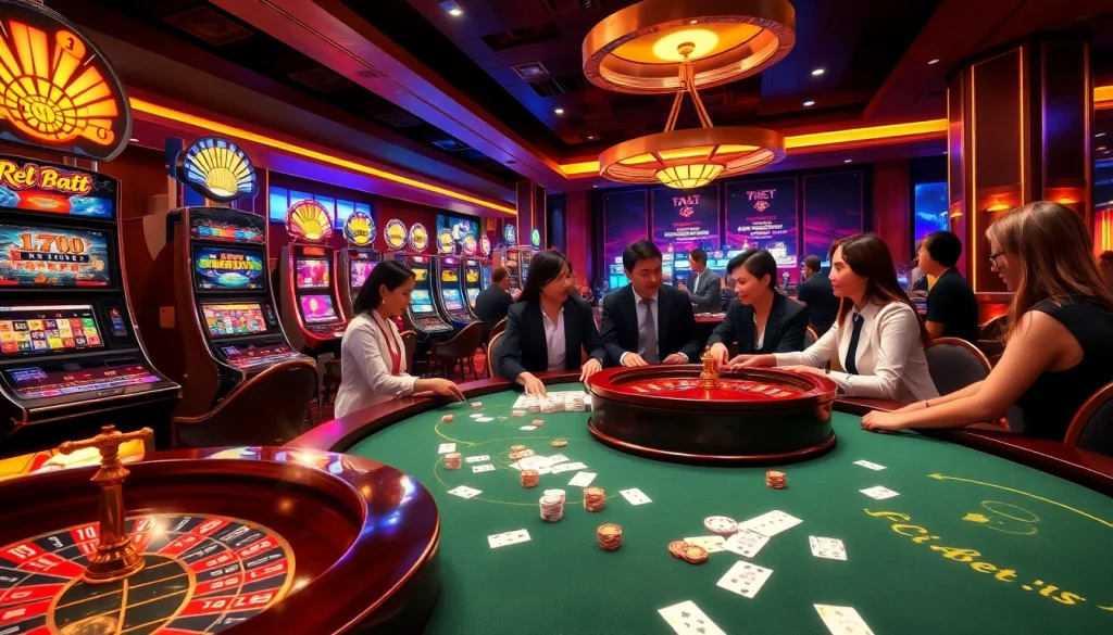 Exciting casino atmosphere with players enjoying 88bet on modern gaming tables.