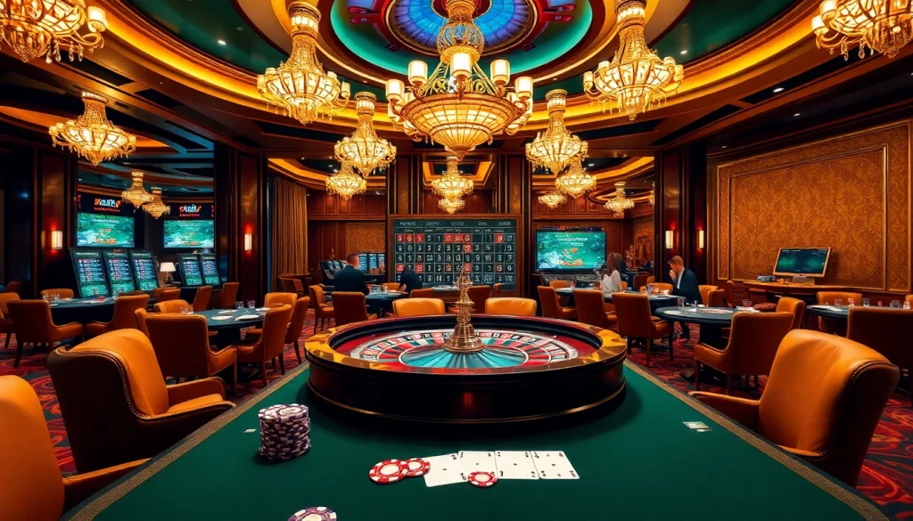 Players placing bets at a stunning roulette table in a luxurious casino environment, featuring 5Z7779 com.