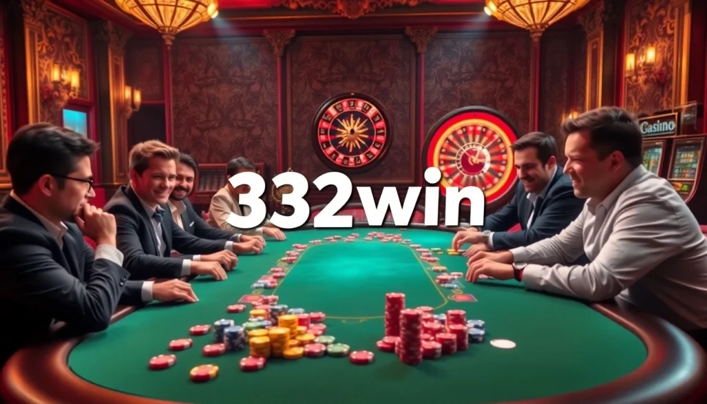 Action-packed poker table scene at 32win casino, showcasing vibrant gameplay and excitement.