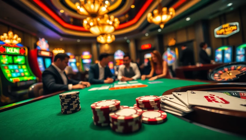 TẬP ĐOÀN KJC showcases thrilling casino experiences with players at poker tables and vibrant slot machines.