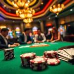 TẬP ĐOÀN KJC showcases thrilling casino experiences with players at poker tables and vibrant slot machines.