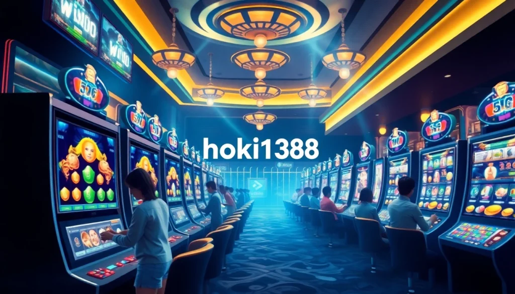 Captivating scene of online gambling with hoki138 theme showcasing vibrant slots and energetic players.