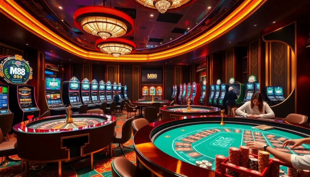 Exciting gaming action at MM 88 casino, featuring roulette, poker, and vibrant slot machines.
