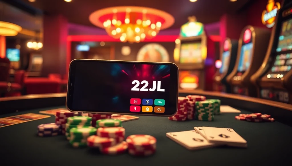 Enjoying live gaming with the 22JL app on a smartphone amidst vibrant casino elements.