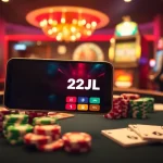 Enjoying live gaming with the 22JL app on a smartphone amidst vibrant casino elements.