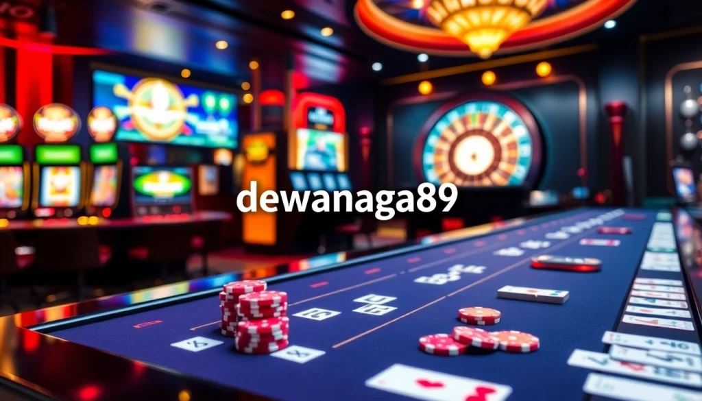 Suasana kasino yang hidup yang menampilkan DEWANAGA89 dengan mesin slot dan meja poker, menggambarkan kegembiraan dan strategi.