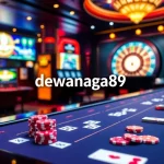Suasana kasino yang hidup yang menampilkan DEWANAGA89 dengan mesin slot dan meja poker, menggambarkan kegembiraan dan strategi.
