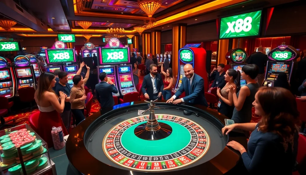 Xx 88 engages players with vibrant casino games, featuring roulette, poker chips, and slot machines.