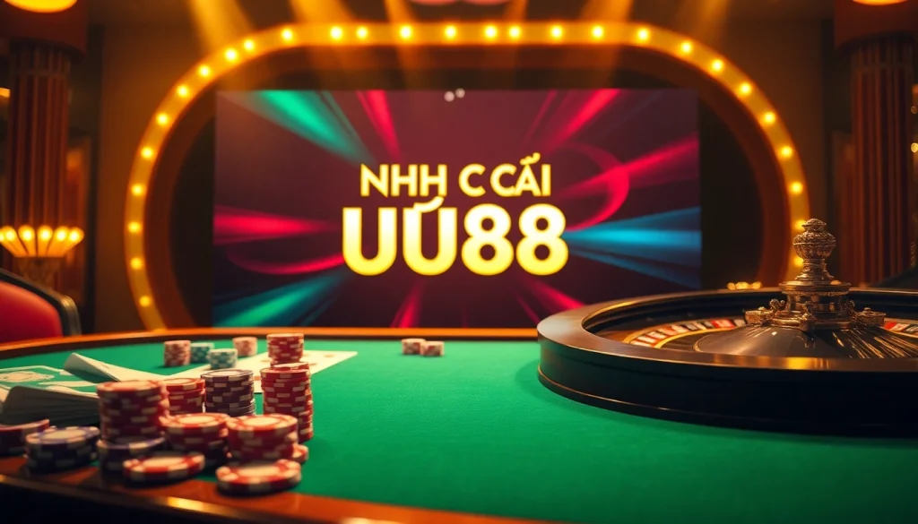 Experience the thrill of NHÀ CÁI UU88 at a luxurious casino with vibrant tables and games.