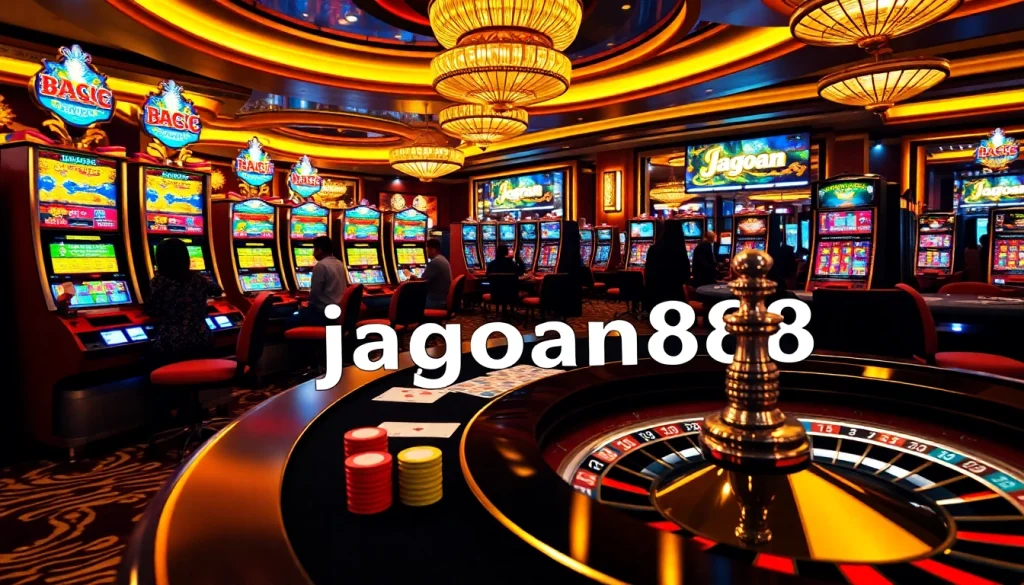 Engaged players at a casino enjoying slot machines and poker with jagoan86 branding prominently featured.