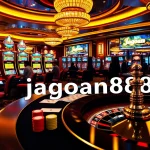 Engaged players at a casino enjoying slot machines and poker with jagoan86 branding prominently featured.