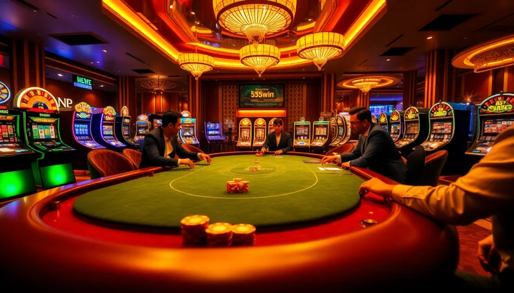 A vibrant casino scene featuring high-stakes poker and slot machines, highlighting 555win's thrilling gaming experience.