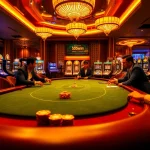 A vibrant casino scene featuring high-stakes poker and slot machines, highlighting 555win's thrilling gaming experience.