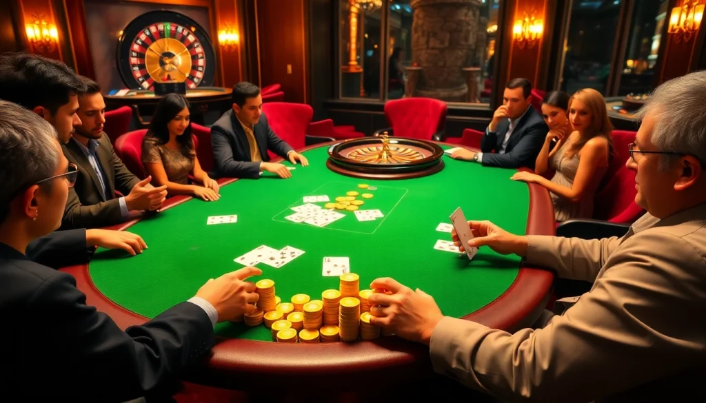Play poker at rik vip in a luxurious casino setting with golden chips and vibrant decor.