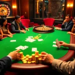 Play poker at rik vip in a luxurious casino setting with golden chips and vibrant decor.