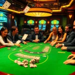 Experience the excitement of luck 8 at an upscale casino with lively blackjack gameplay and vibrant decor.