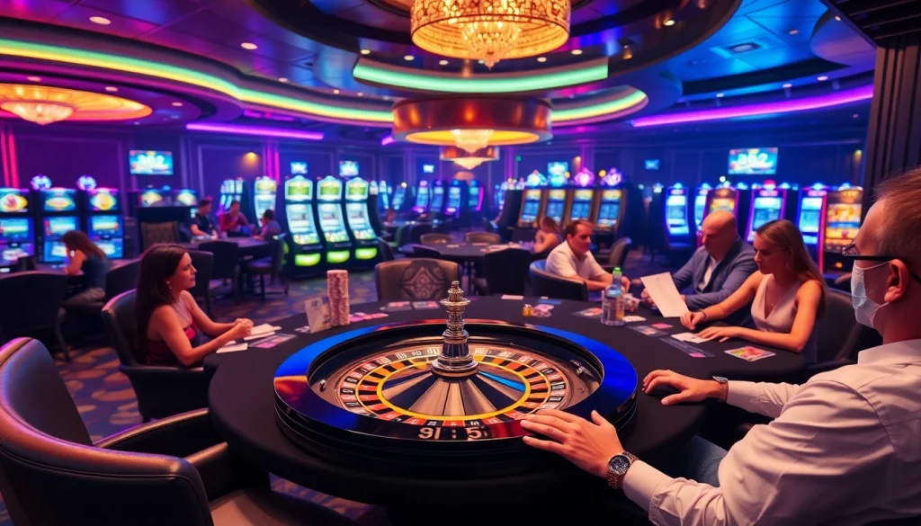 Players enjoying a thrilling game at b52club's luxurious casino tables with colorful chips.