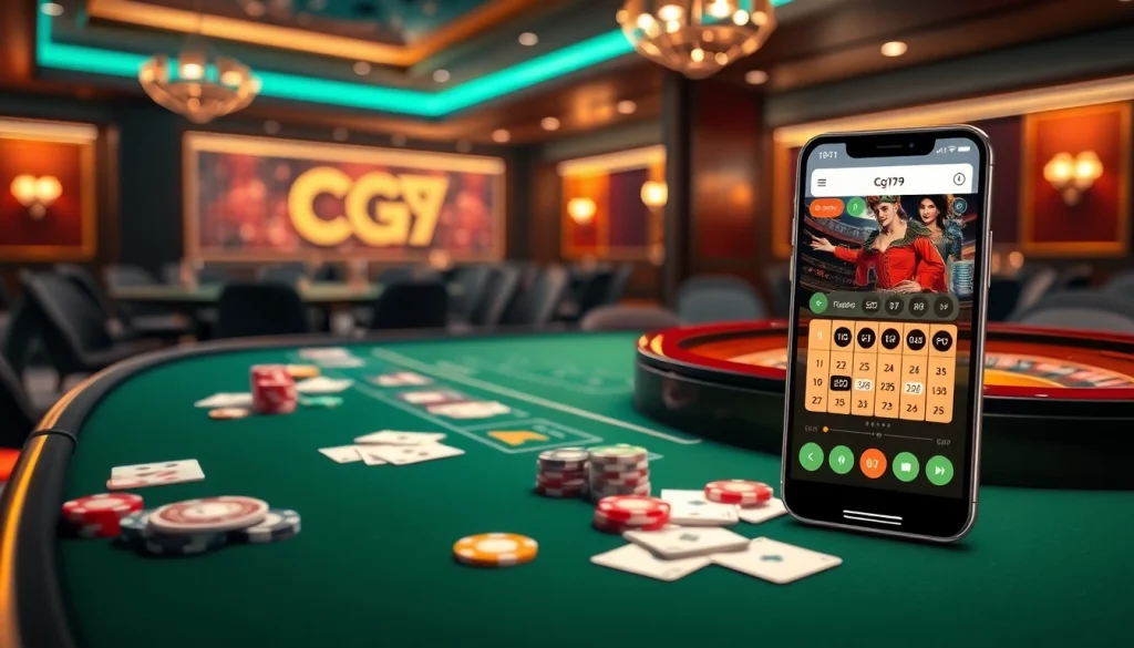 Trải nghiệm sự hứng khởi của ứng dụng cg79 trên chiếc điện thoại thông minh thanh lịch giữa một casino sôi động.