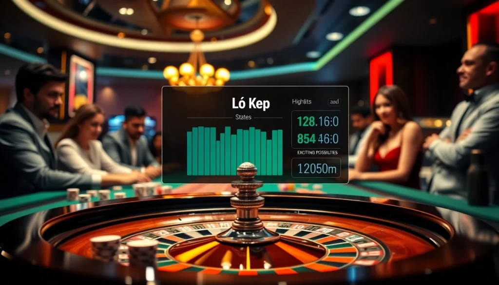 Engaging scene of gamblers analyzing lô kép data at a roulette table in a luxurious casino.