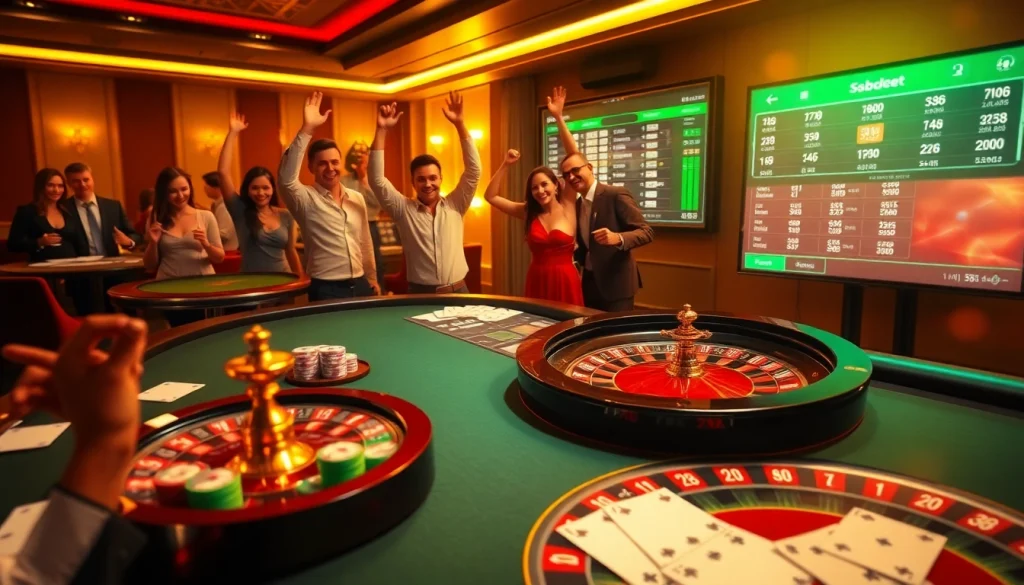 Engaging sbobet online gambling scene with poker chips and a roulette wheel in a luxurious casino.