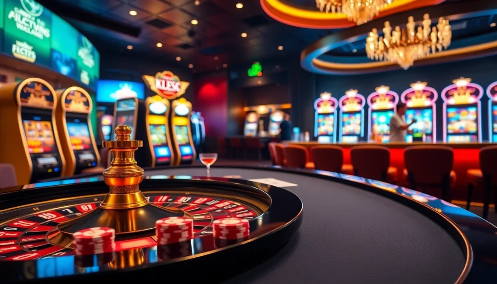 K88 trang chủ showcasing a vibrant casino atmosphere with betting tables, poker chips, and slot machines.