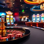 K88 trang chủ showcasing a vibrant casino atmosphere with betting tables, poker chips, and slot machines.