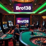 Bro138 gaming experience with excited players enjoying luxurious slot machines and poker tables.