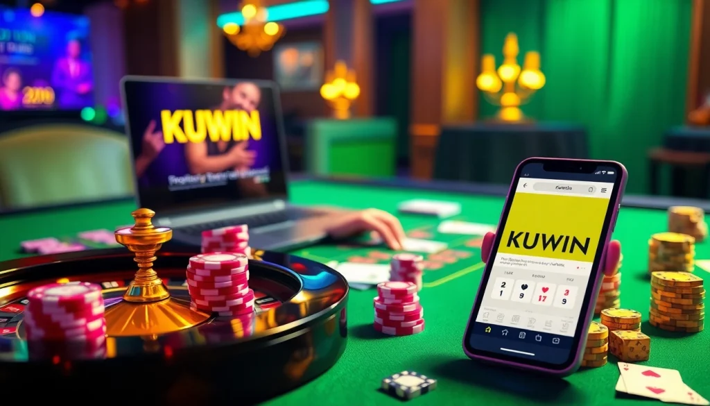 Experience the thrill of gaming at KUWIN with roulette, poker chips, and a vibrant online gambling interface.