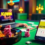 Experience the thrill of gaming at KUWIN with roulette, poker chips, and a vibrant online gambling interface.