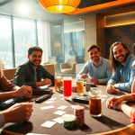 Friends enjoying Rummy 91 game with cards and chips, capturing excitement and camaraderie.