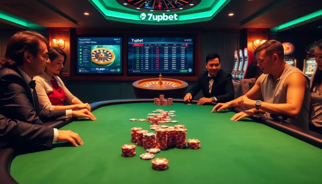 Experience the excitement of online gambling with 7upbet's professional poker table set against a luxurious casino backdrop.